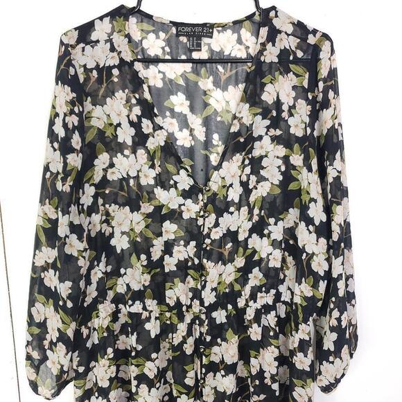Forever 21 Top Womens 3X Duster Kimono Longline Floral Button Front Lightweight - Picture 2 of 10